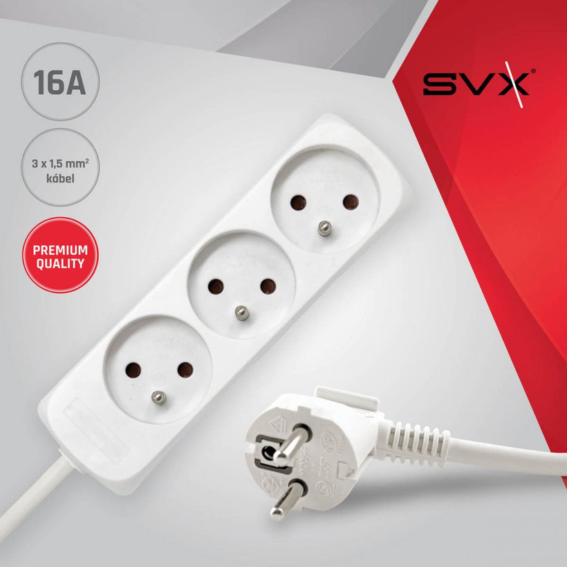 Hosszabbítókábel 16A fehér 3 aljzat 5m 3G1,5