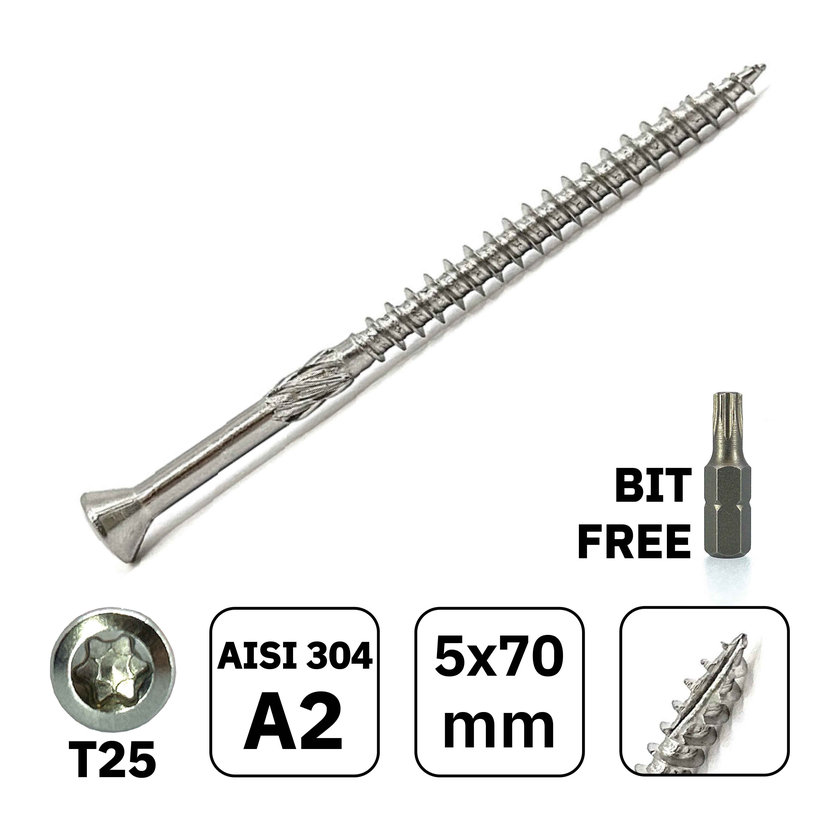 Rozsdamentes acél teraszcsavar süllyesztett fejjel 5x70mm 100db