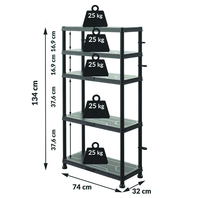 Műanyag polc 74×32x134cm 5 polccal