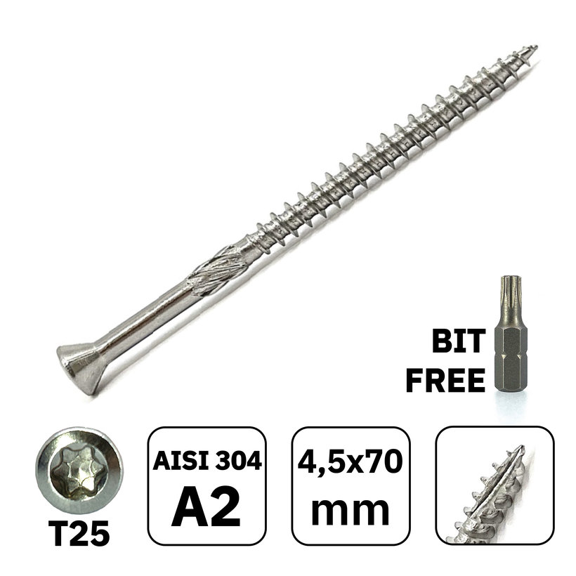 Rozsdamentes acél teraszcsavar süllyesztett fejjel 4,5x70mm 100db