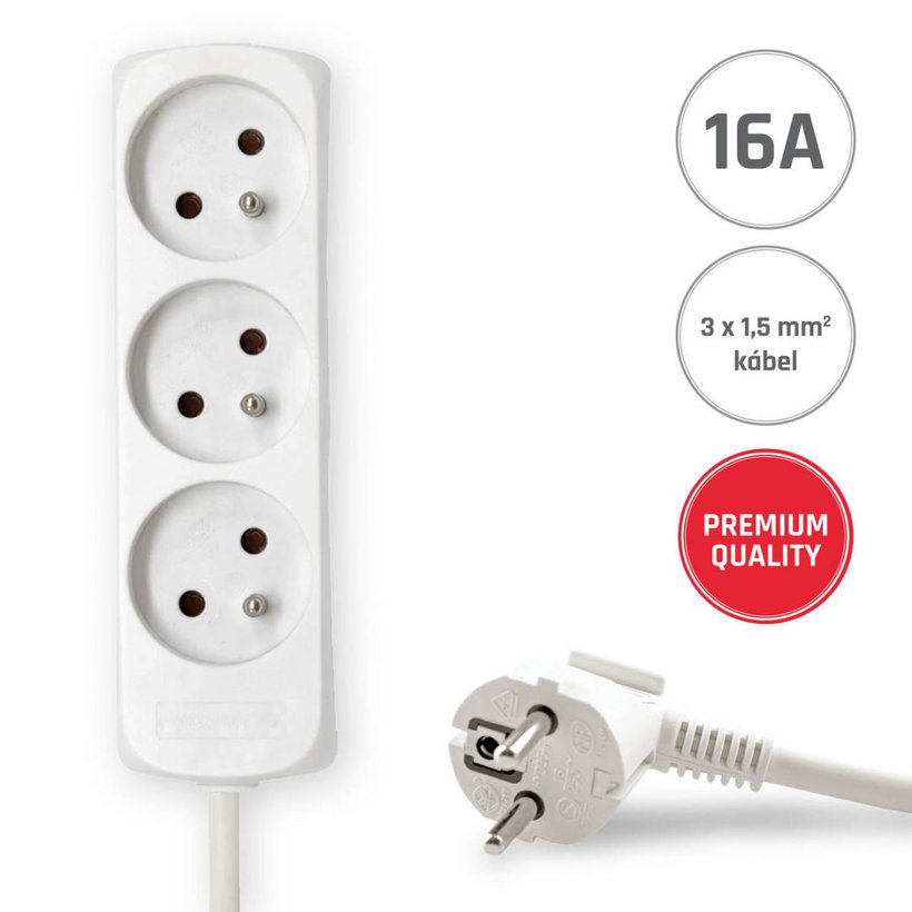 Hosszabbítókábel 16A fehér 3 aljzat 5m 3G1,5