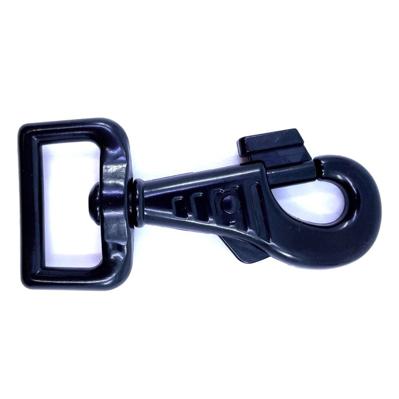 Forgó karabiner felülnyomással és biztosítékkal, fekete 84x25mm