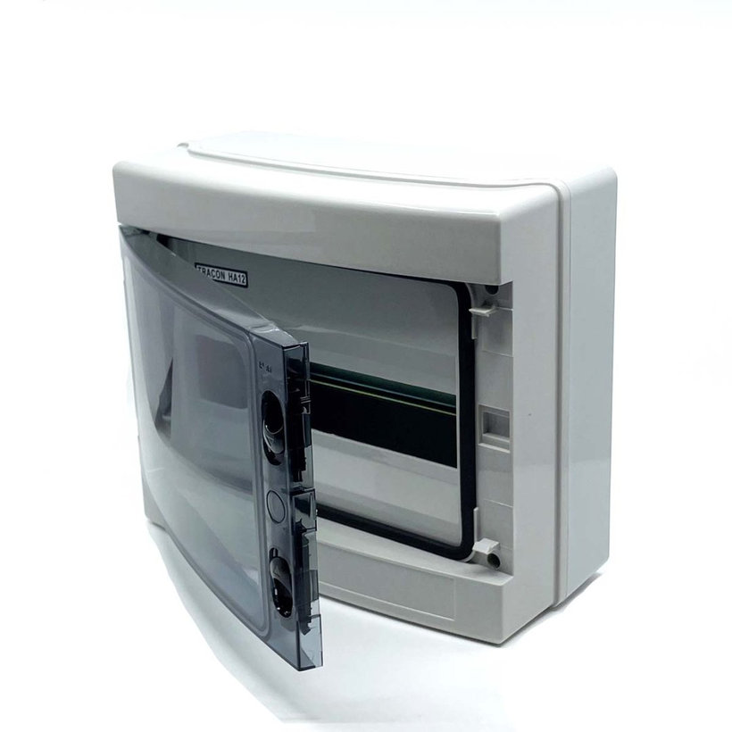 Falon kívüli elosztódoboz, átlátszó ajtóval, N/PE sínnel 300x260x140mm