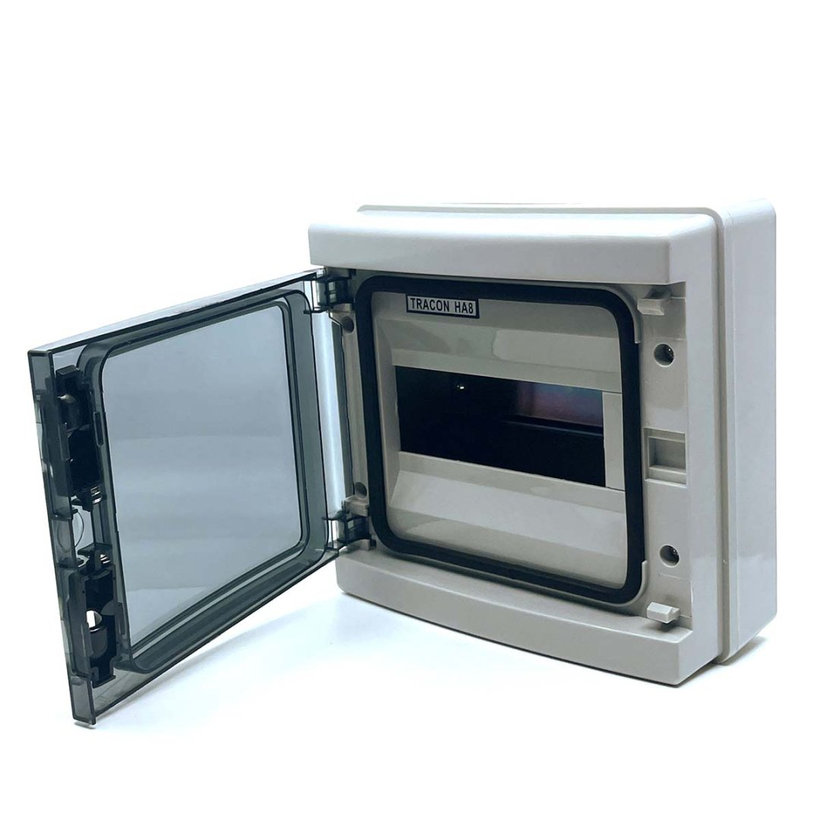 Falon kívüli elosztódoboz, átlátszó ajtóval, N/PE sínnel 215x210x100mm