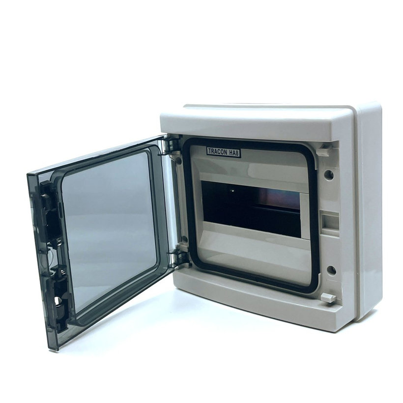 Falon kívüli elosztódoboz, átlátszó ajtóval, N/PE sínnel 410x285x140mm