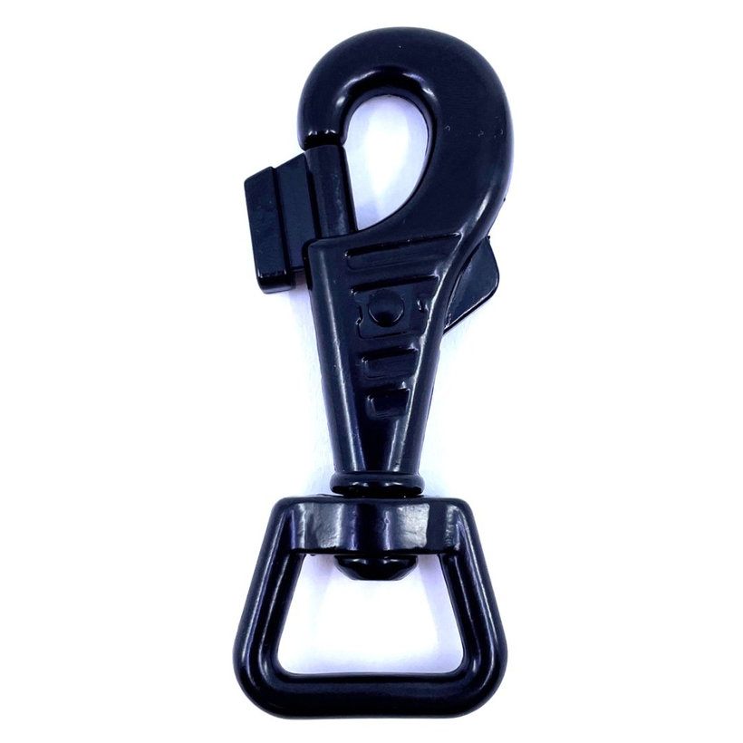 Forgó karabiner felülnyomással és biztosítékkal, fekete 82x20mm